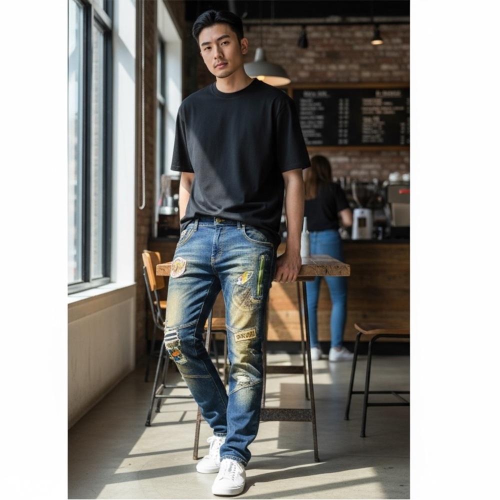 BLACK LEAF Men's Distressed Jeans Blue 38/34